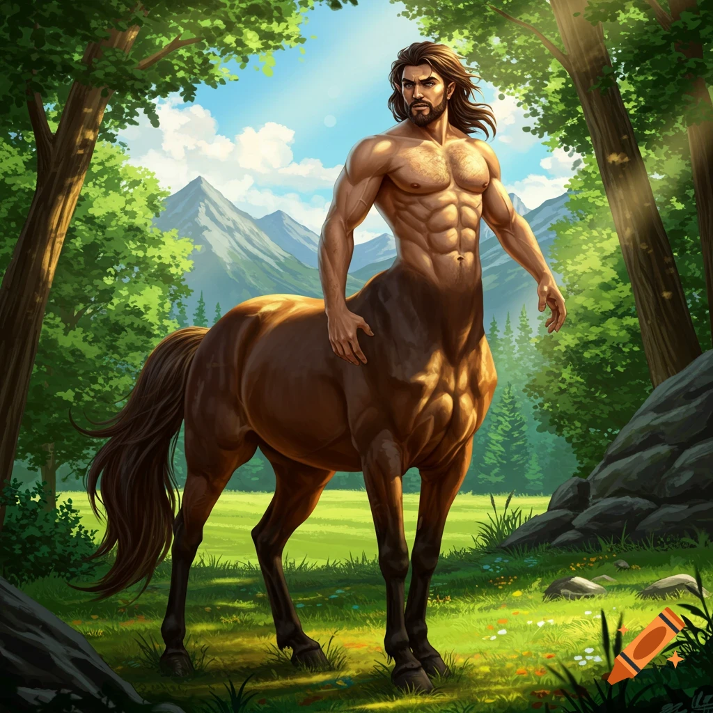 A muscular centaur stands in a sunlit forest clearing.