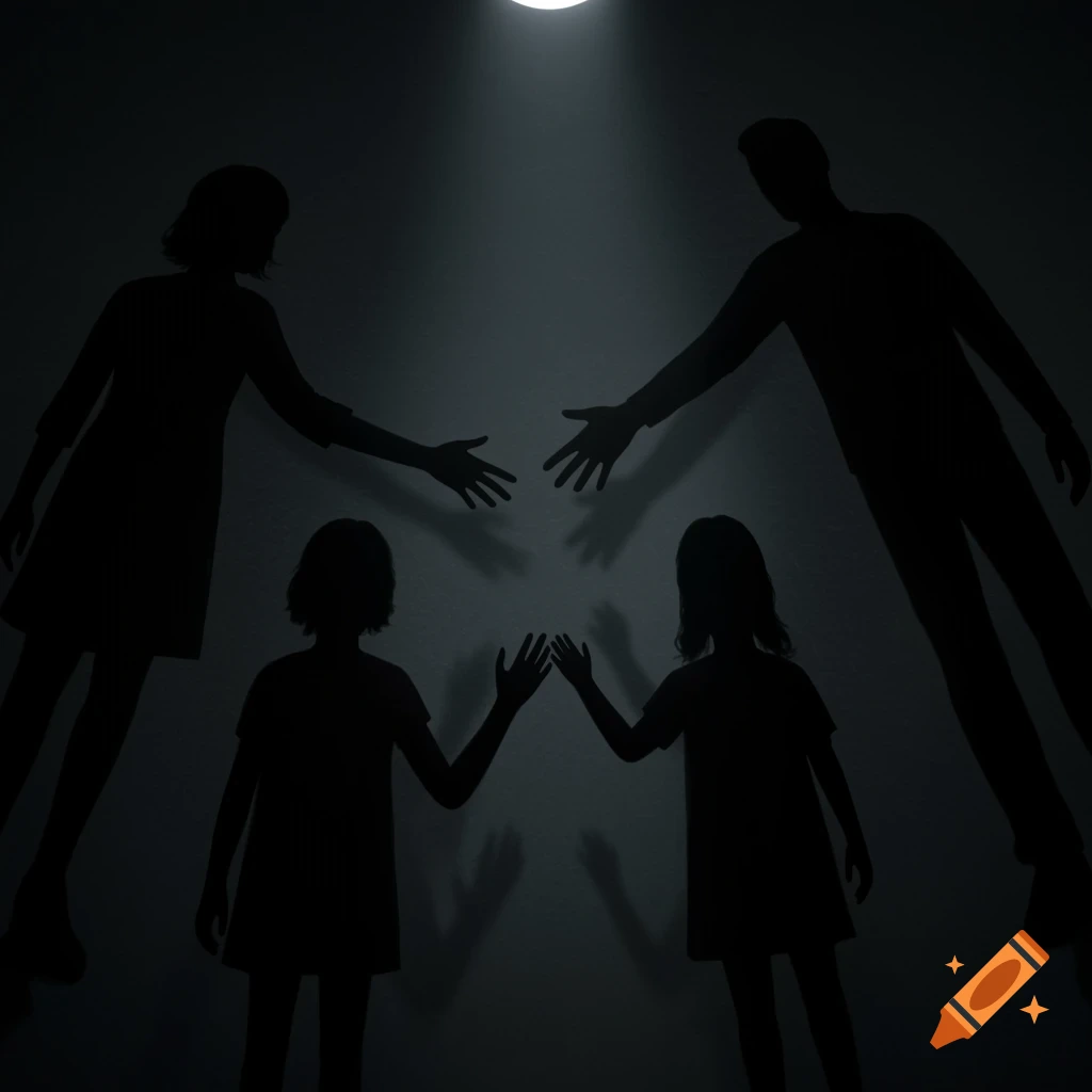 Shadows of a family reaching out, hands connecting and one child's hand reaching alone, in a dark, cinematic style.
