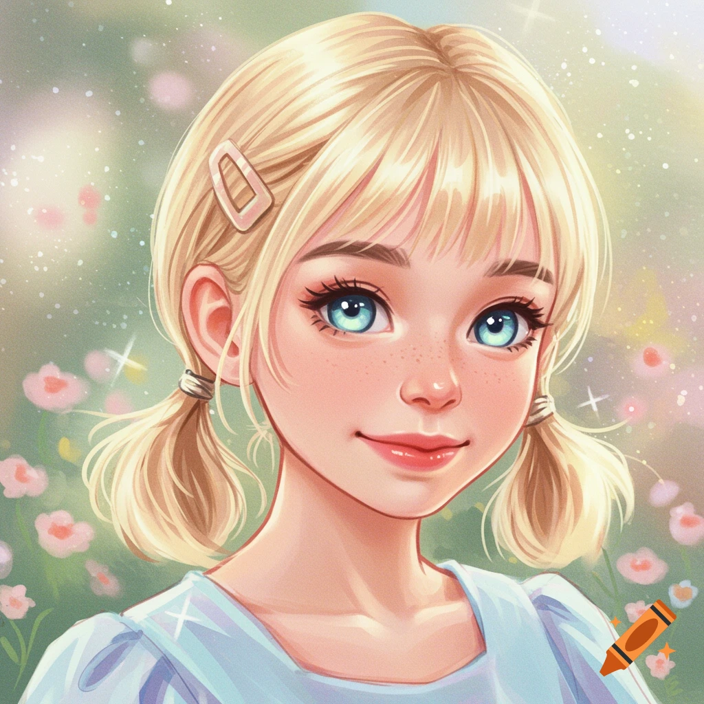 A cute blonde girl is smiling in a pastel garden.