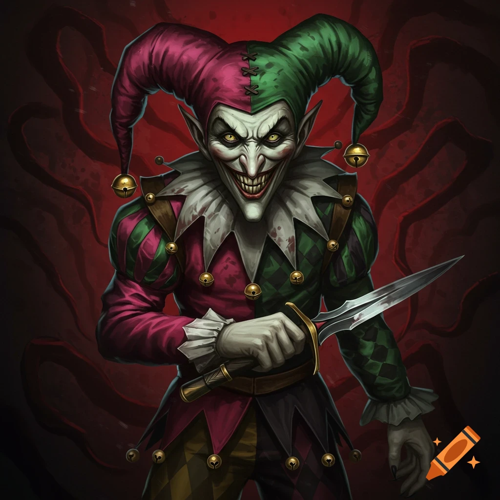 A creepy evil jester holding a knife