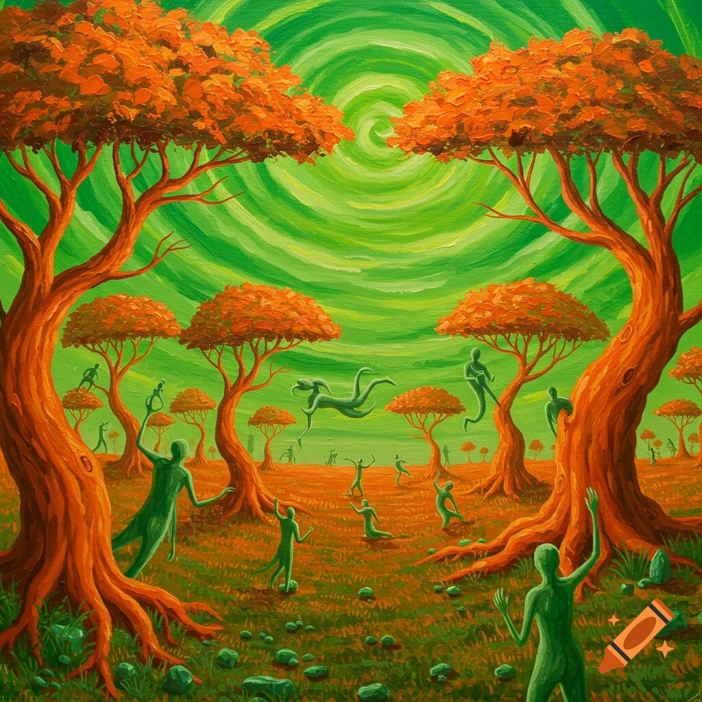 Surreal painting of a landscape with stylized orange trees, abstract green figures, and a swirling green sky, painted with thick brushstrokes.