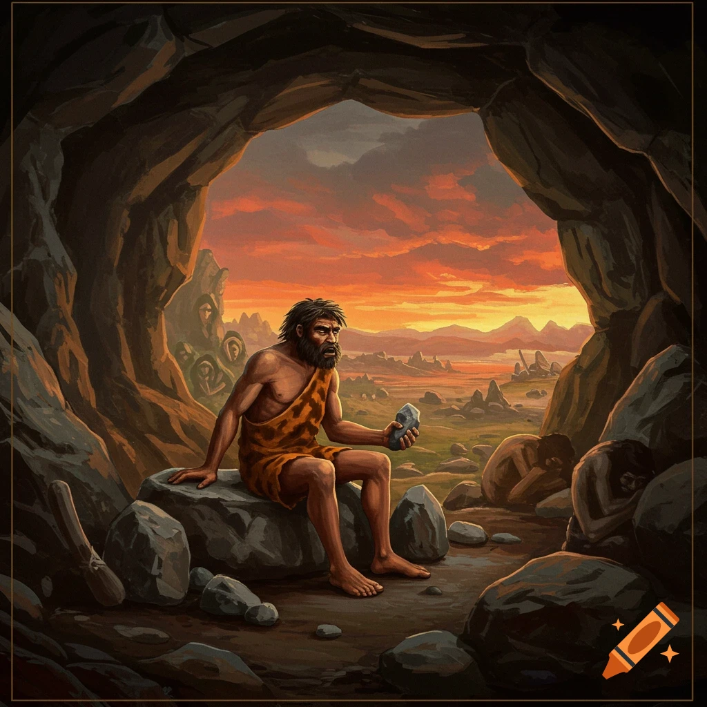 A caveman sits in a cave opening, looking out at a landscape with a sunset, with other figures behind him.