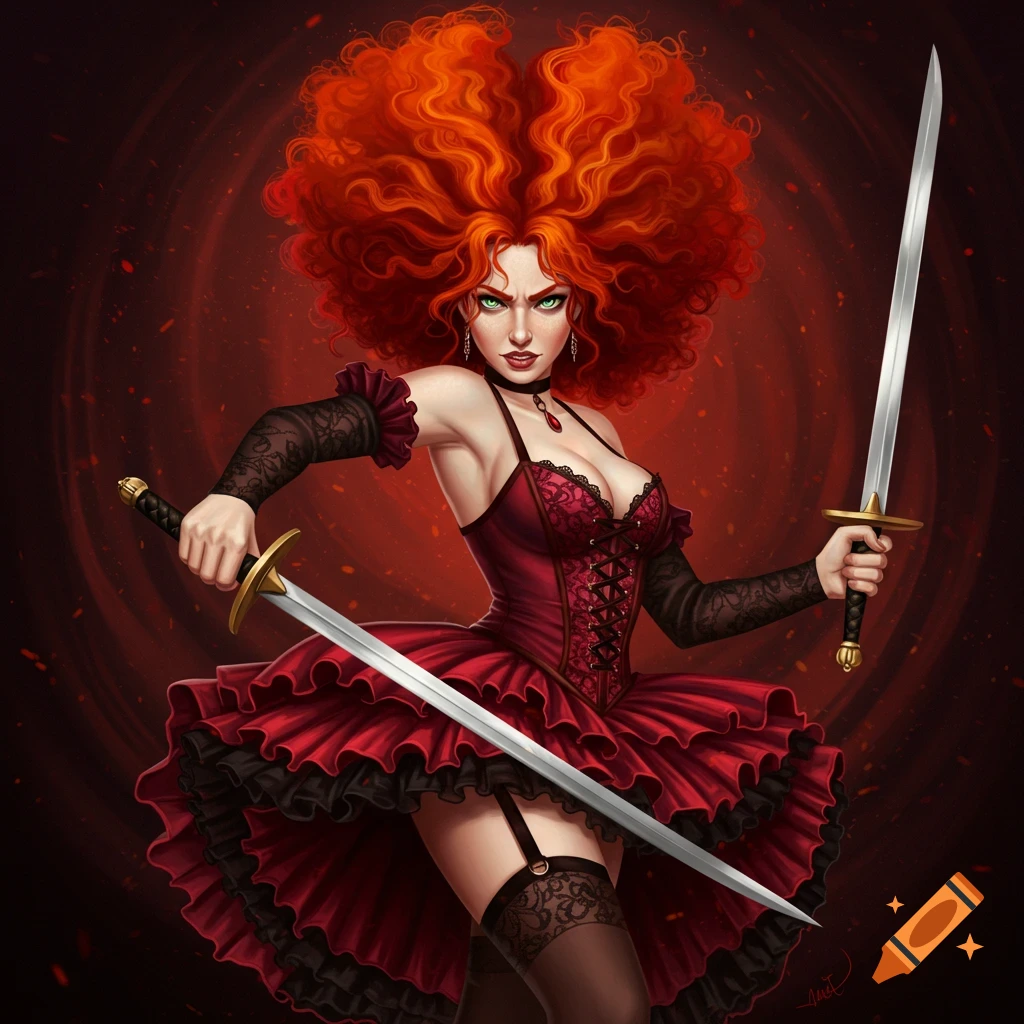 A redheaded woman in a red dress wielding two swords.