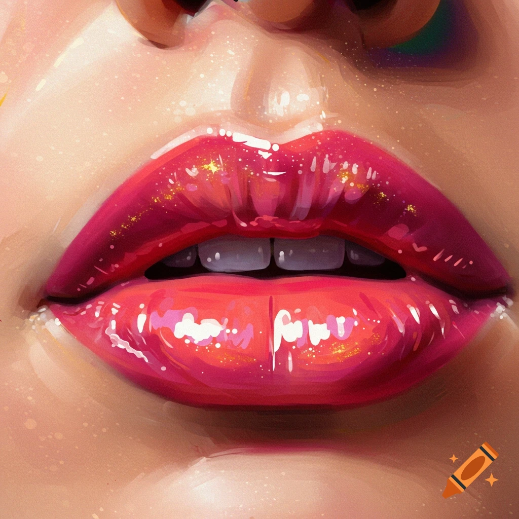 Close-up of vibrant pink glossy lips with teeth and glitter specks.