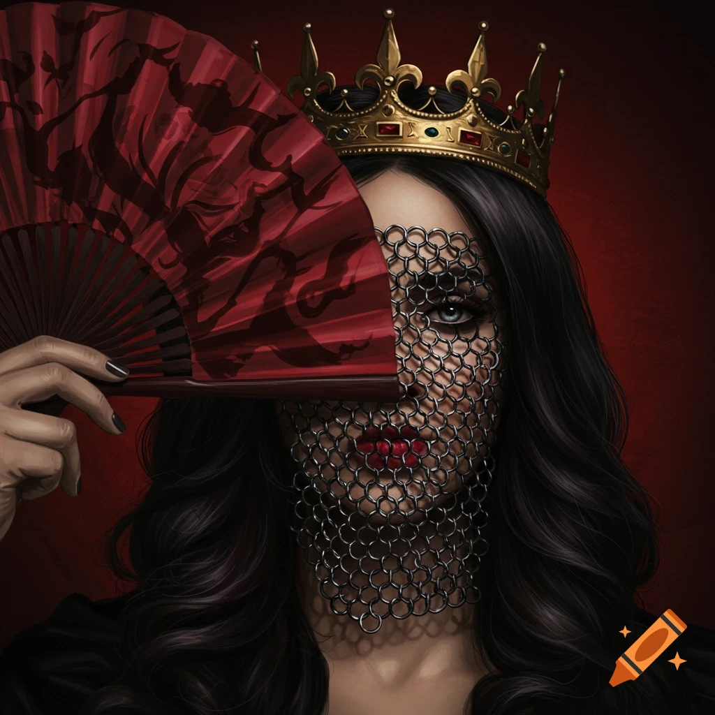 A woman wearing a gold crown and chainmail veil, holding a red fan