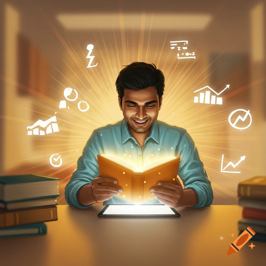Man reading a glowing book surrounded by business and data icons.