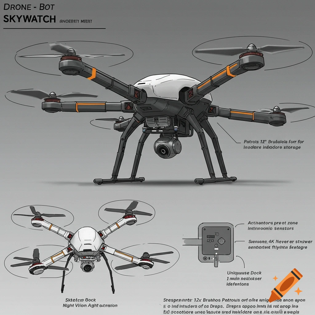 Technical sketch illustrating two quadcopter drone designs with labels.