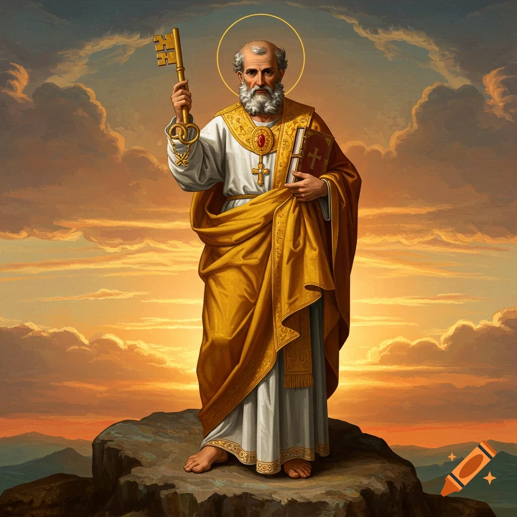 Painting of Saint Peter holding keys and a book, standing on a rock at sunset