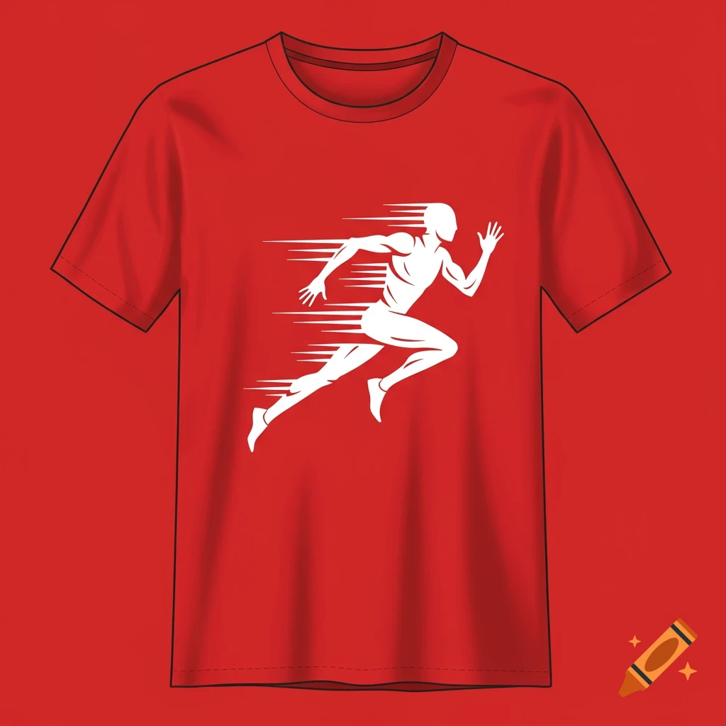 Red t-shirt with a white silhouette of a runner with speed lines.