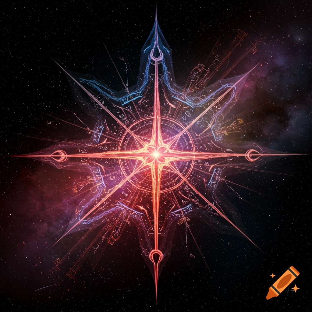An abstract cosmic star shape made of glowing red and blue light and intricate glyphs against a starry background.