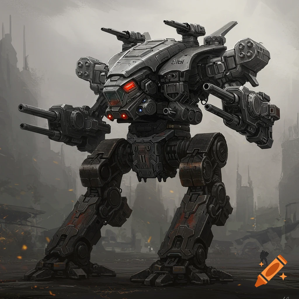 A large, heavily armed grey mech standing in a ruined city.