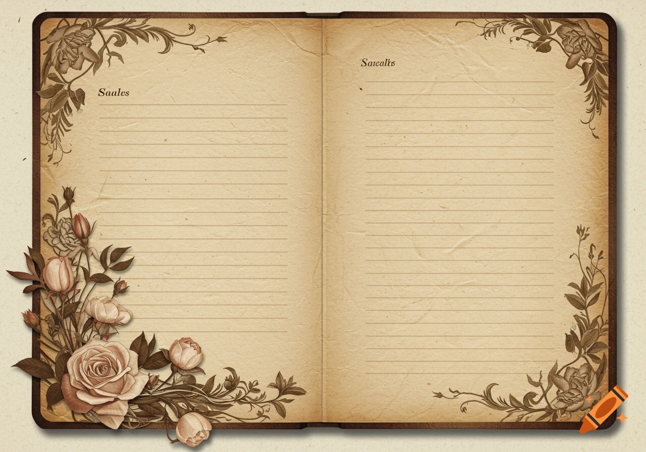 Open vintage journal with lined pages and floral decorations in brown and beige tones.