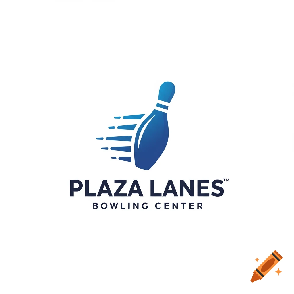 A blue bowling pin logo with speed lines and the text Plaza Lanes Bowling Center.