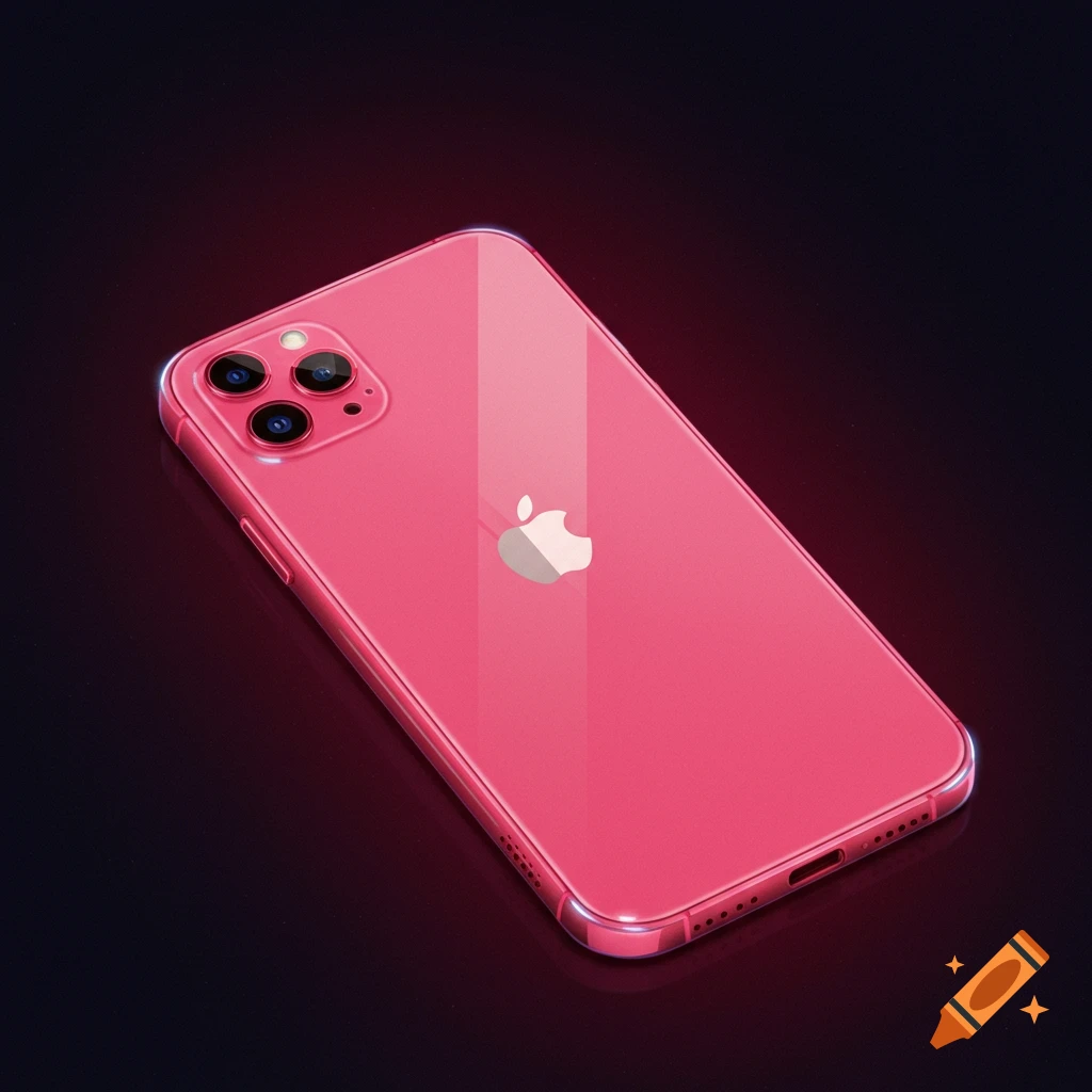A pink iPhone with a reflective surface on a dark background.