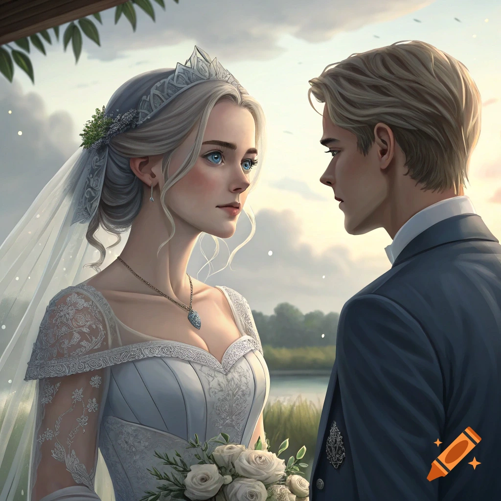 Close-up portrait of a bride and groom looking at each other, outdoors near water, wedding.