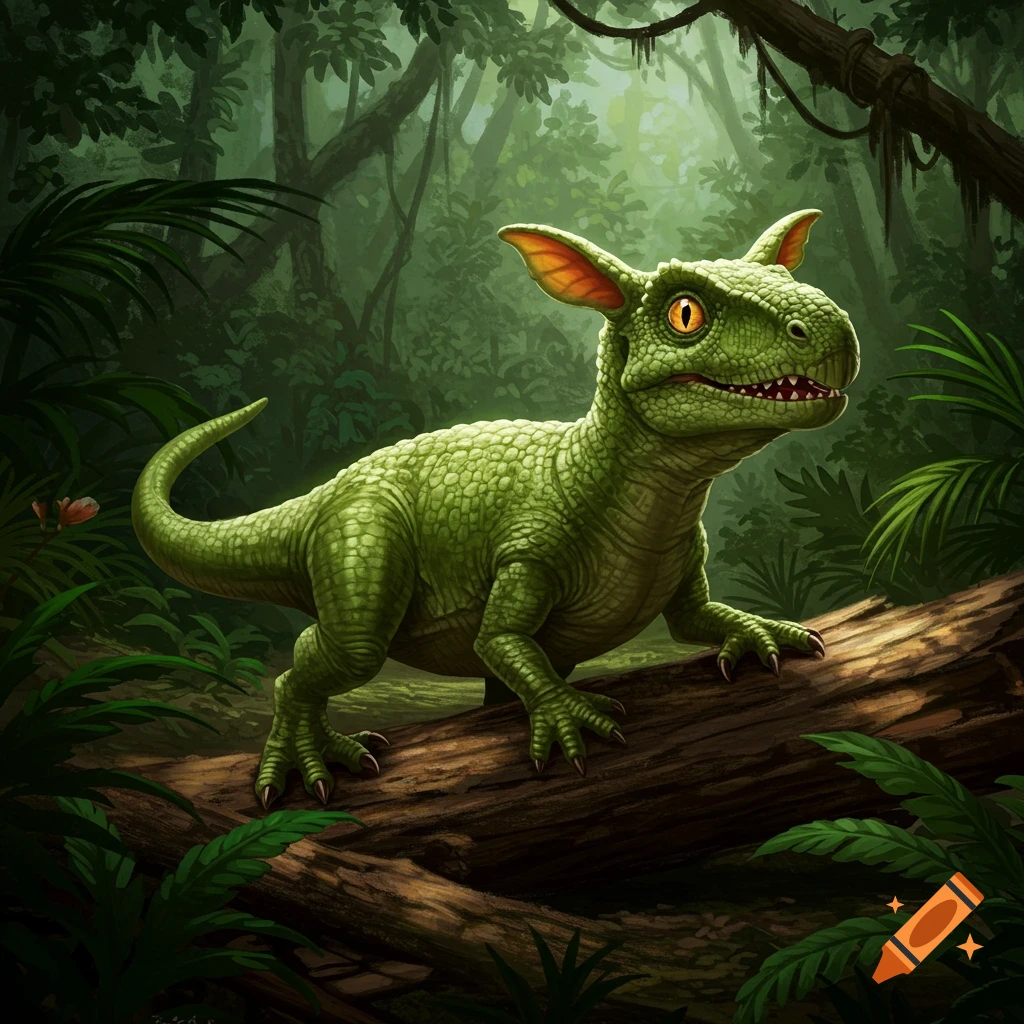 A green creature with big ears and eyes stands on a log in a jungle.