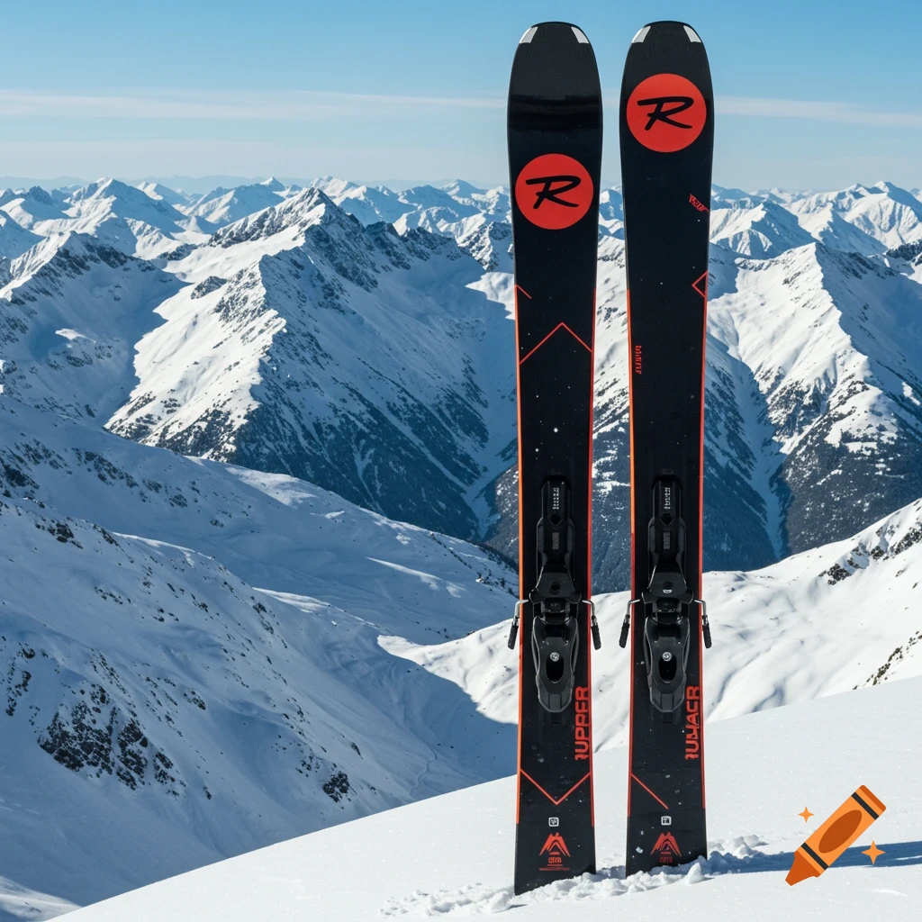 Pair of skis standing upright in the snow with a mountain range in the background.