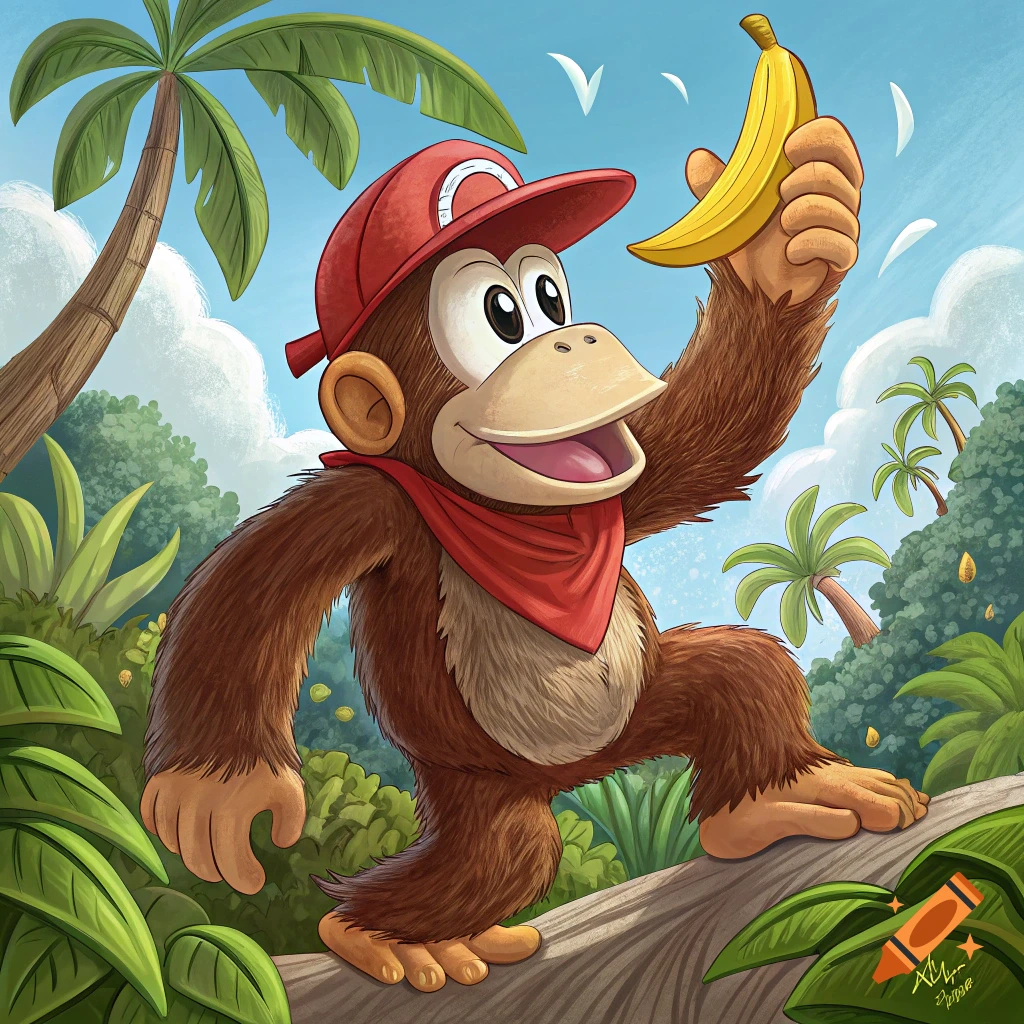 Cartoon monkey in a red cap and scarf holding a banana in a jungle.