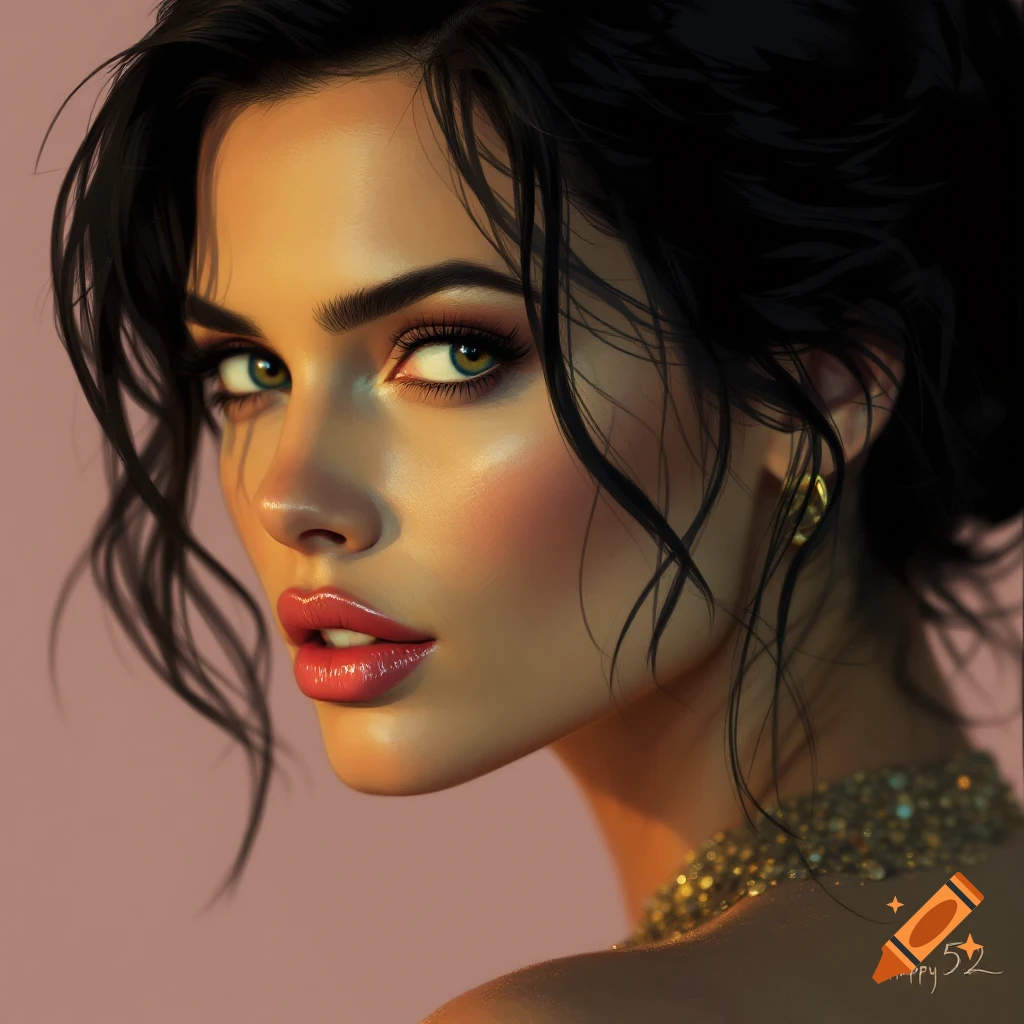 A woman's face is depicted looking over her shoulder. She has striking green eyes, vibrant red lips, and flowing black hair. Her look is completed with elegant golden jewelry.