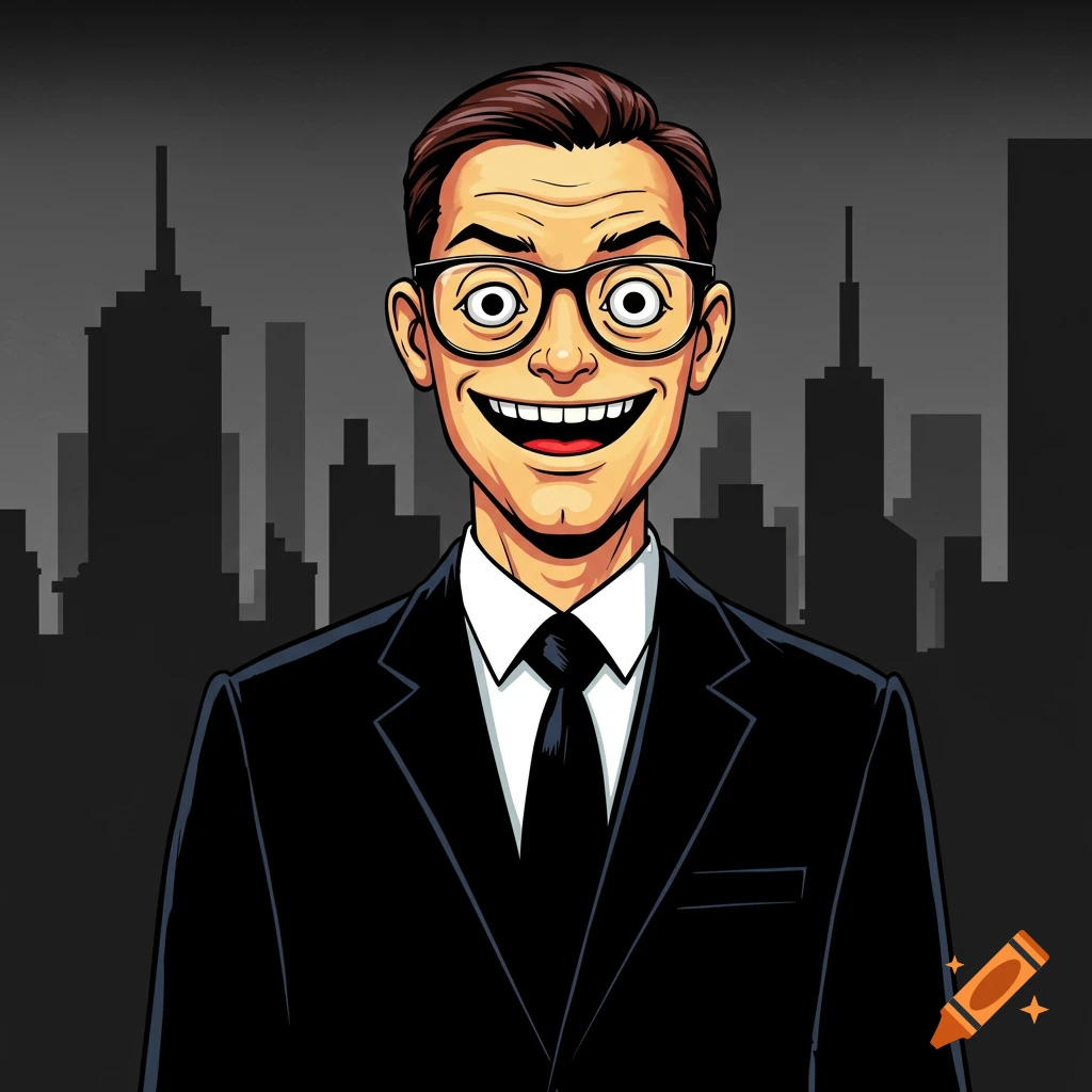 A cartoon man in a black suit and glasses with a wide grin, standing in front of a city skyline.