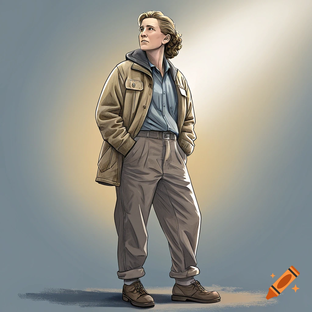 Illustration of a person in a tan jacket and grey pants standing with hands in pockets.