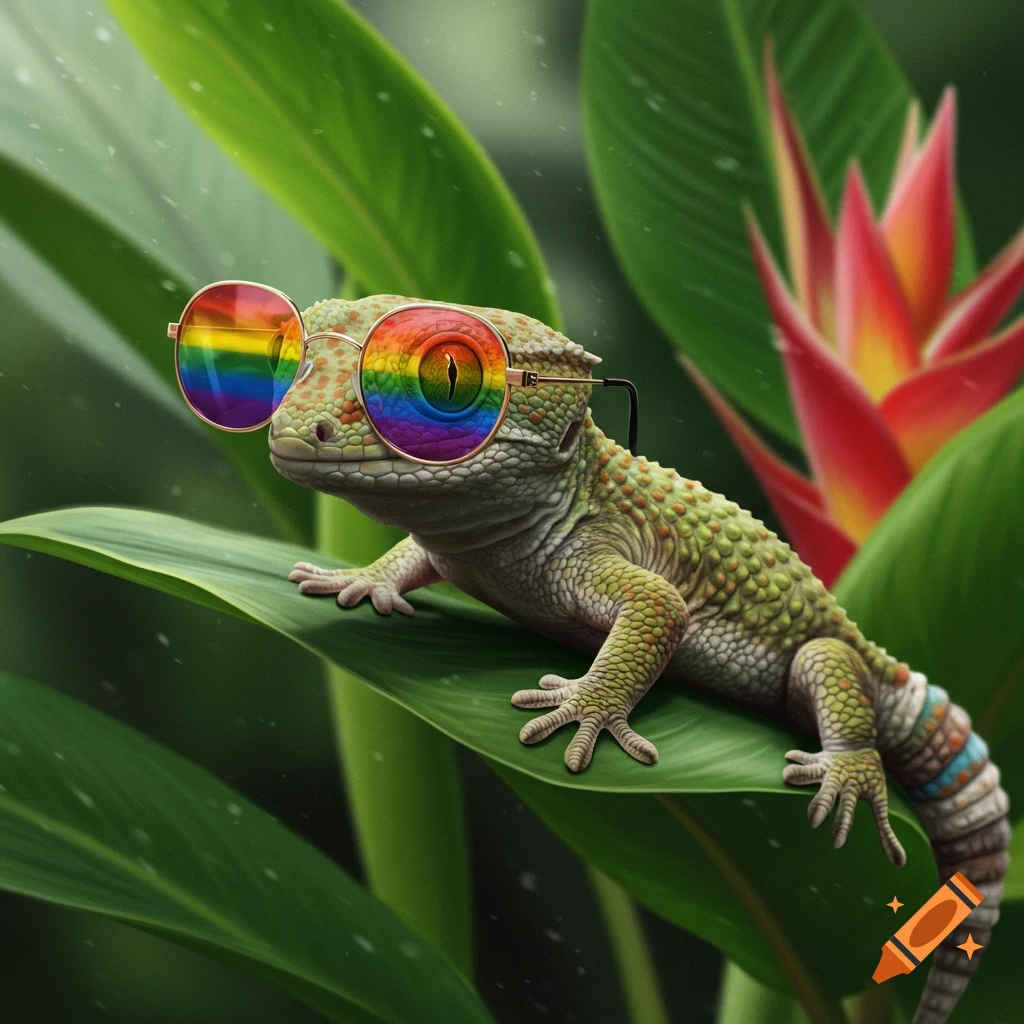 A realistic gecko wearing rainbow sunglasses sits on a large green leaf.