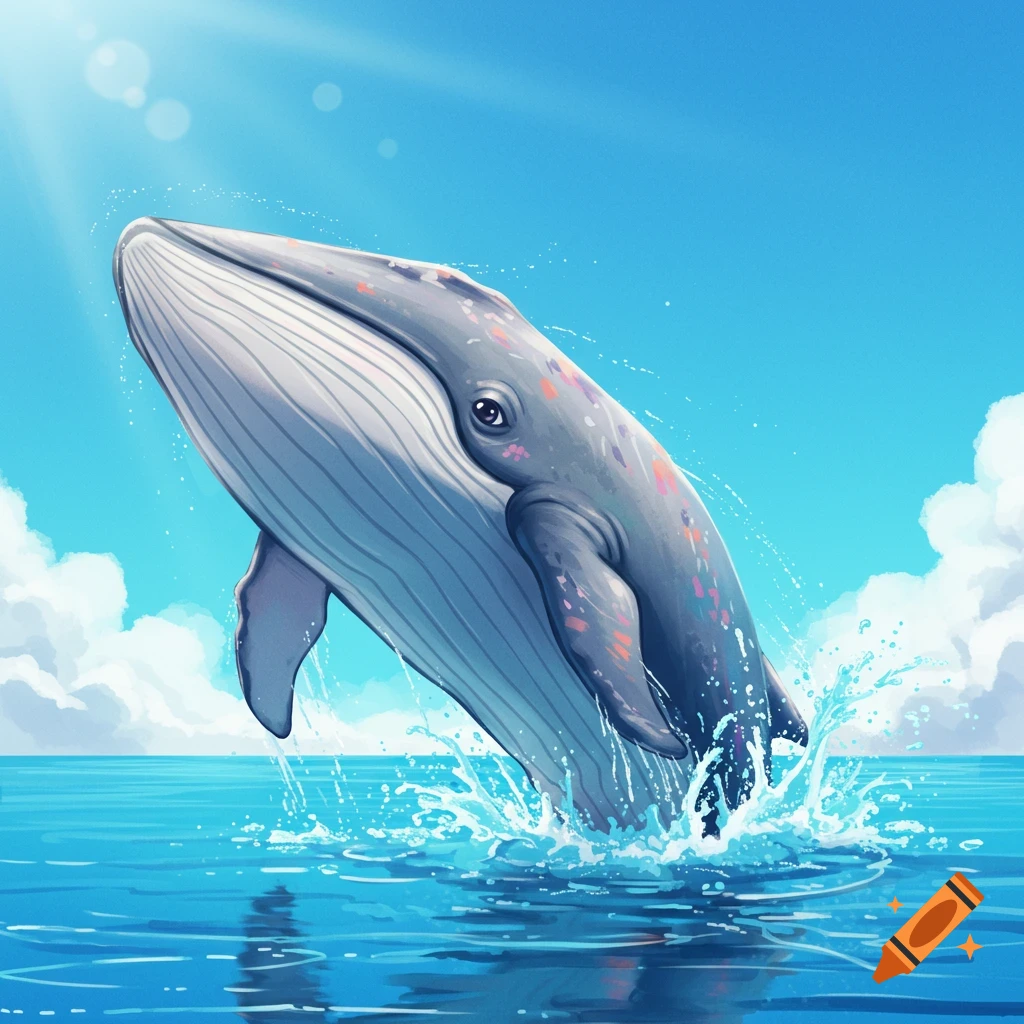 A gray whale with colorful spots is jumping out of the blue ocean under a bright sun.