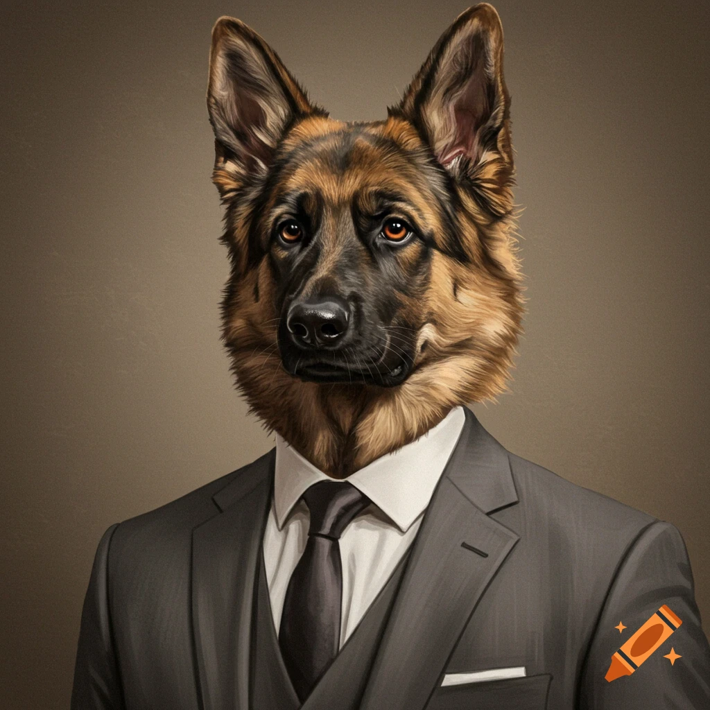 Portrait of a German Shepherd wearing a dark gray suit.