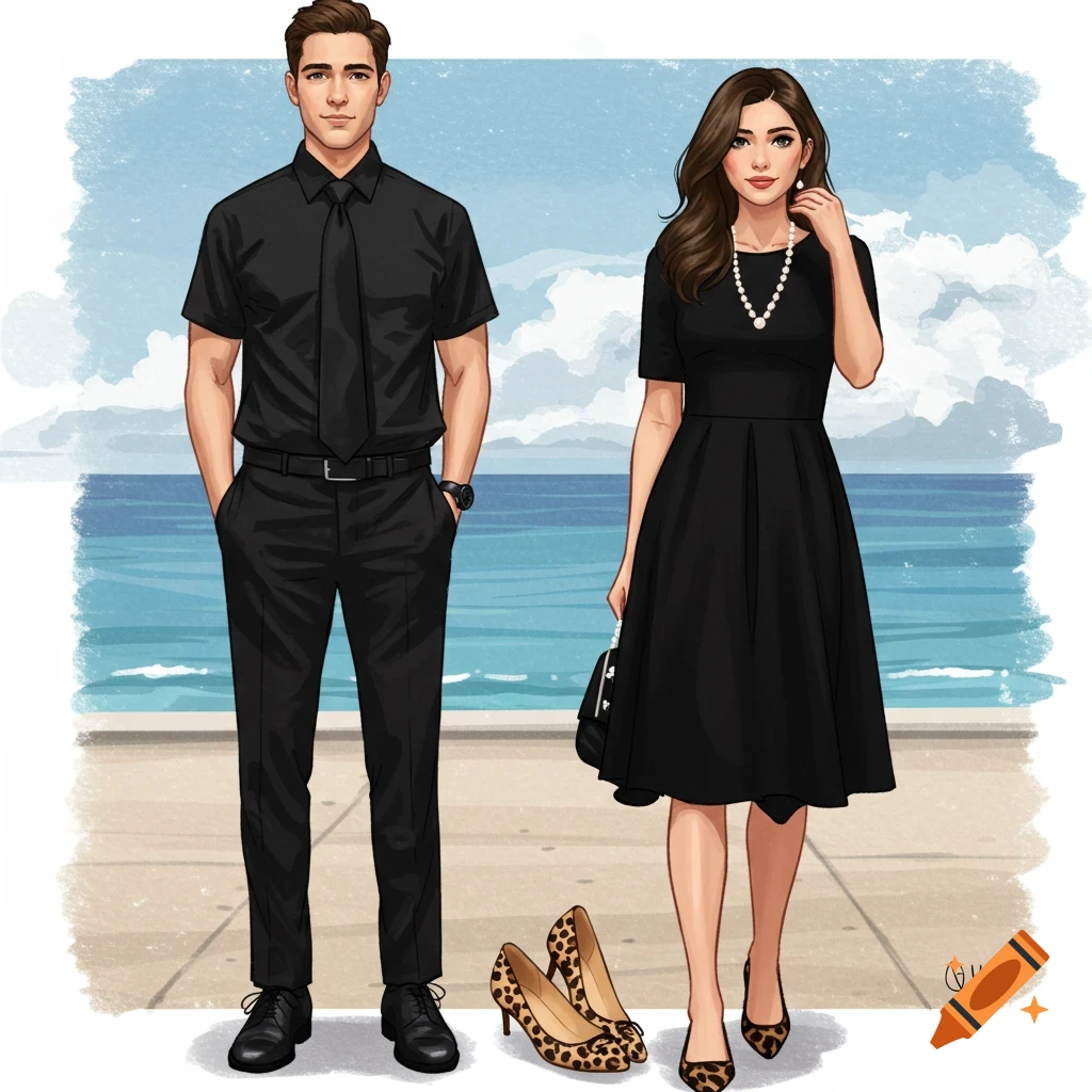 A man and woman in black outfits, with leopard print shoes by the water.