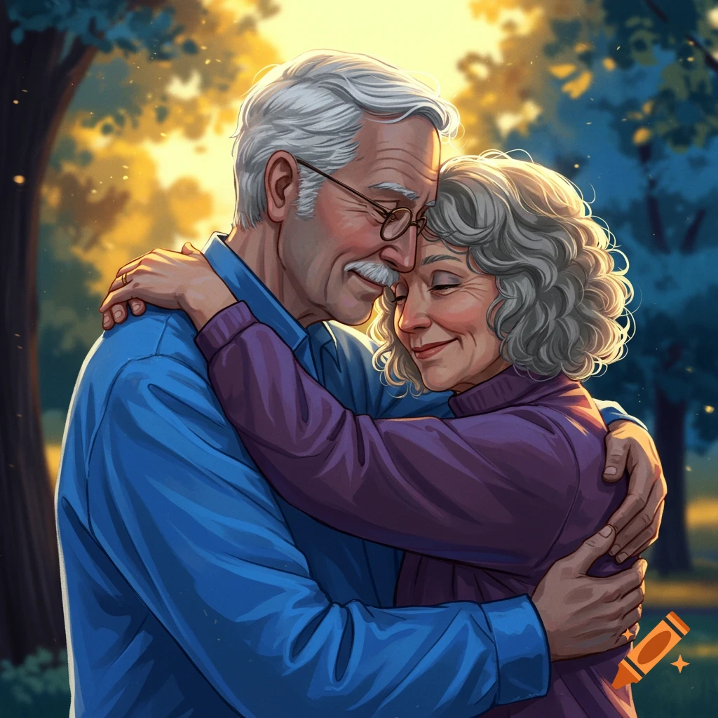 An elderly couple embracing tenderly in a park at sunset.