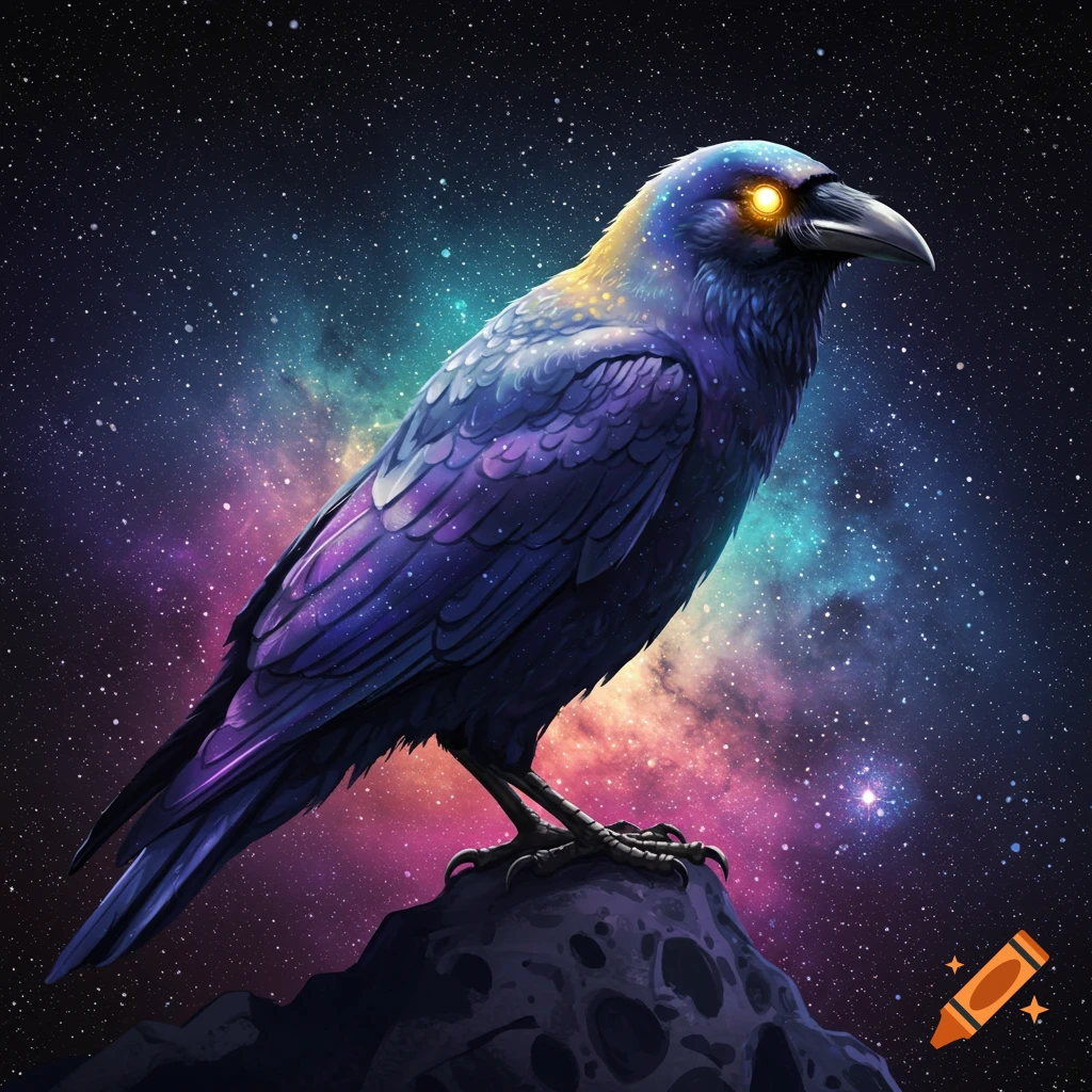 A crow perched on a rock with a starry galaxy background.