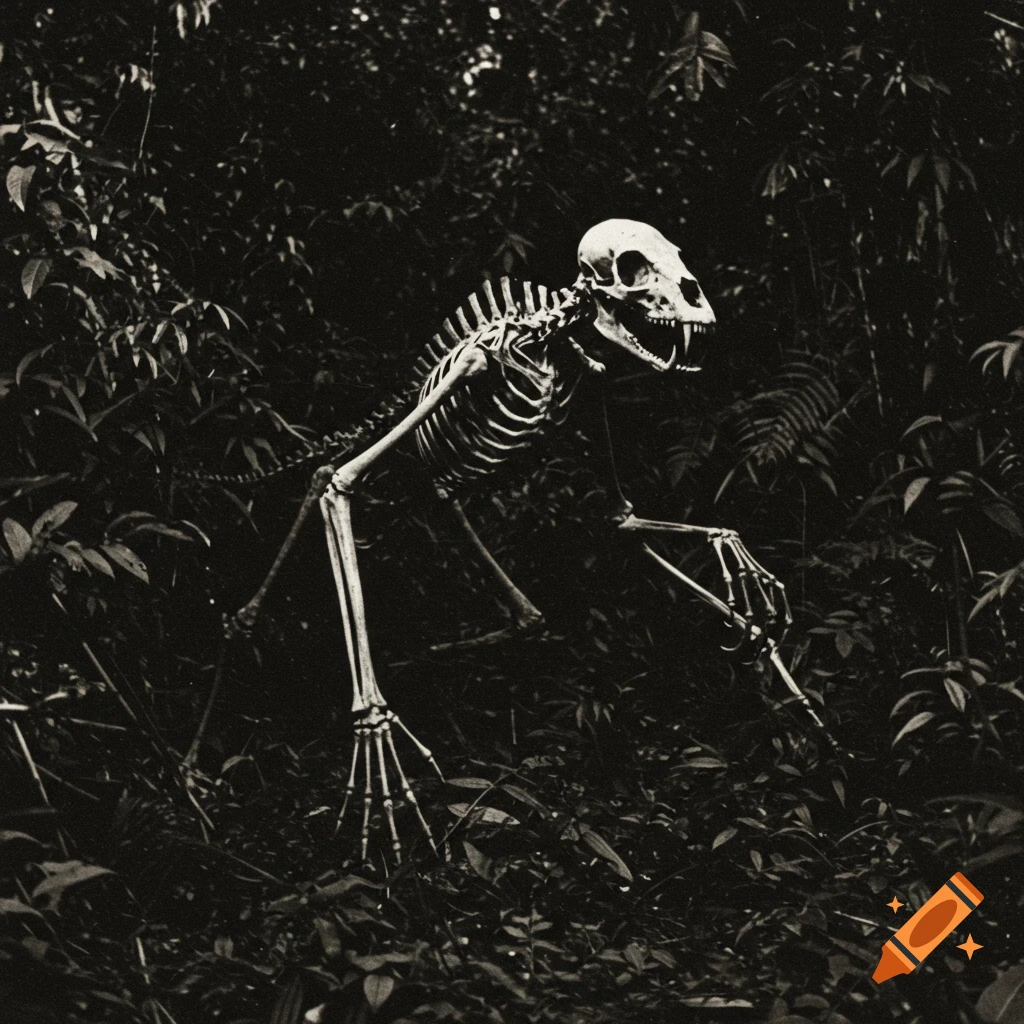A skeletal creature with fangs in a dark forest, like an old field report photo.