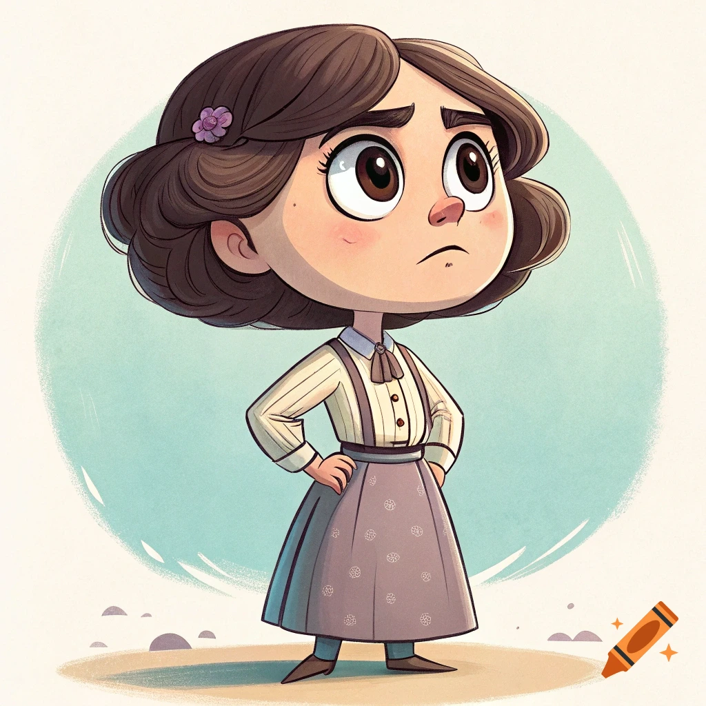 Cartoon illustration of a girl in historical clothing with hands on hips