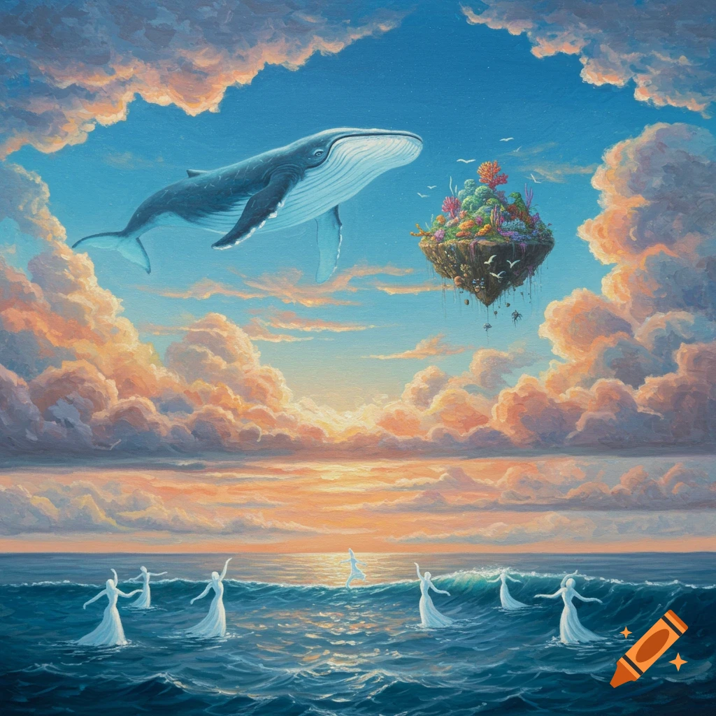 Surreal painting of a whale flying over an ocean with dancing figures and a floating island under a sunset sky.