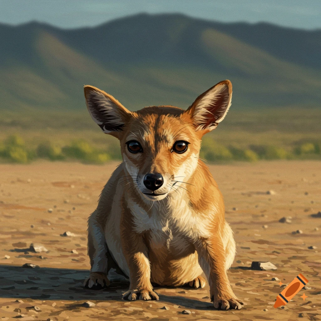 A small, tan dog with large ears is sitting on dirt with hills in the background.