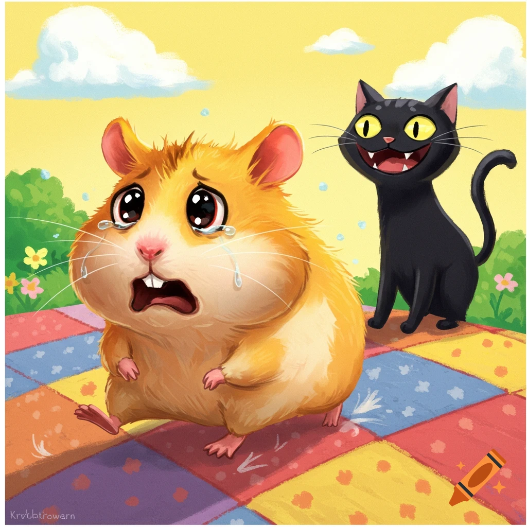 A crying hamster runs away from a black cat with a wide, smiling mouth on a checkered mat.