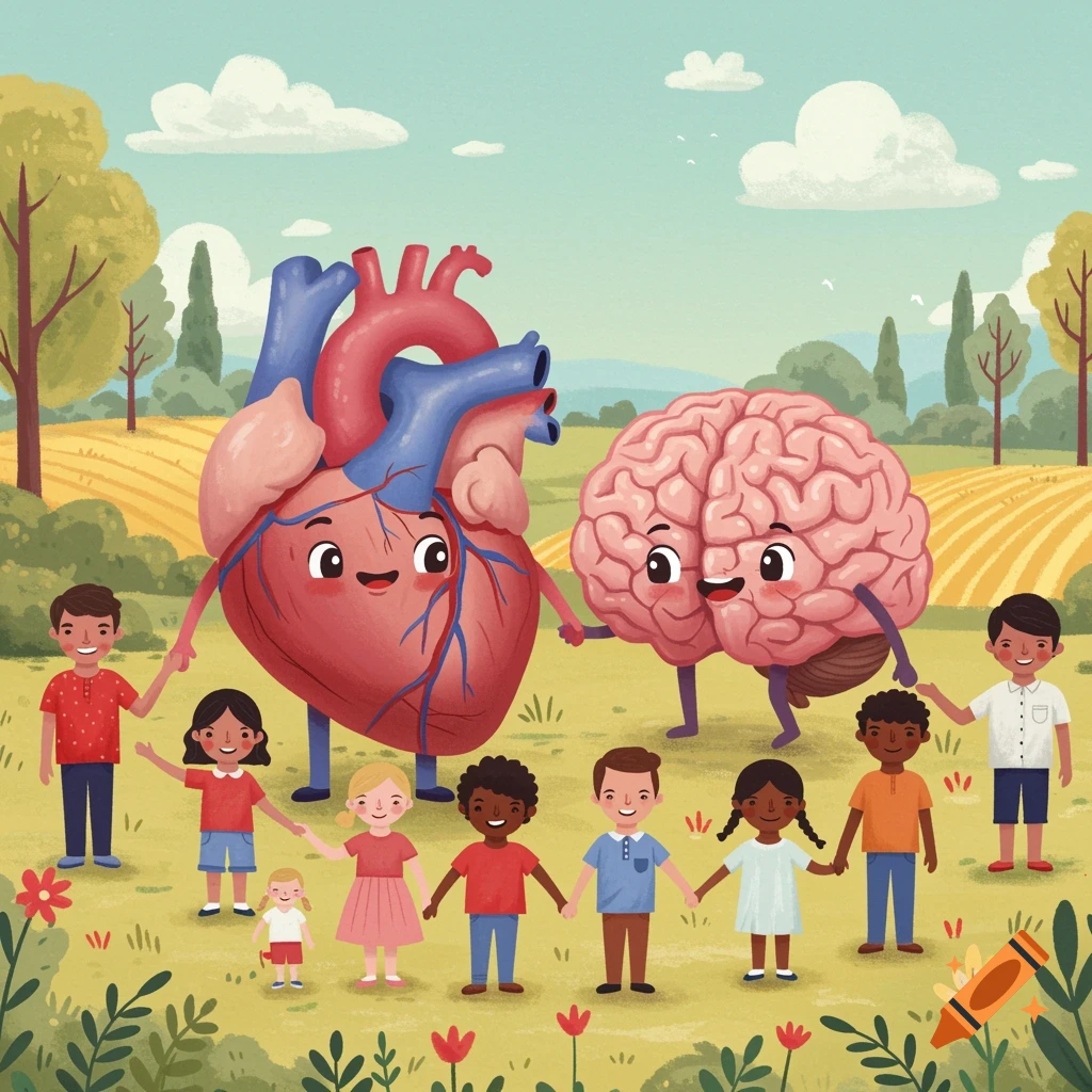 A whimsical illustration of a cartoon heart and brain holding hands with diverse people in a field.