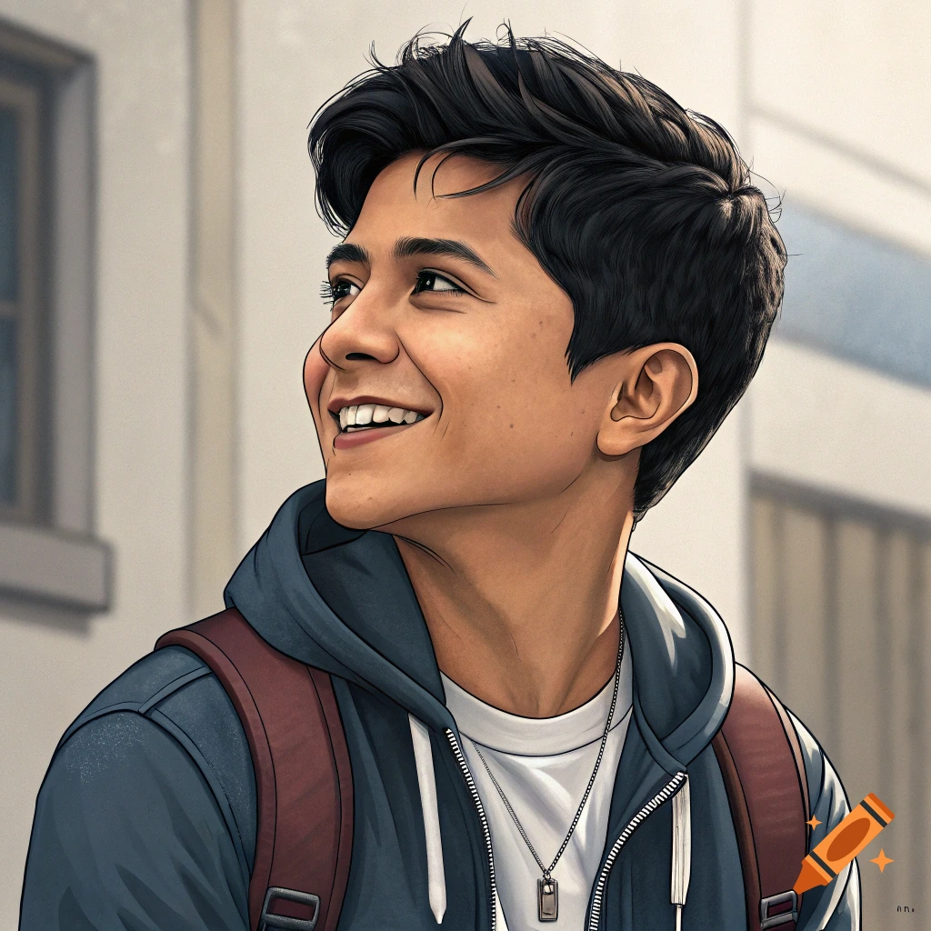 Stylized portrait of a smiling young person with a backpack and hoodie looking up.