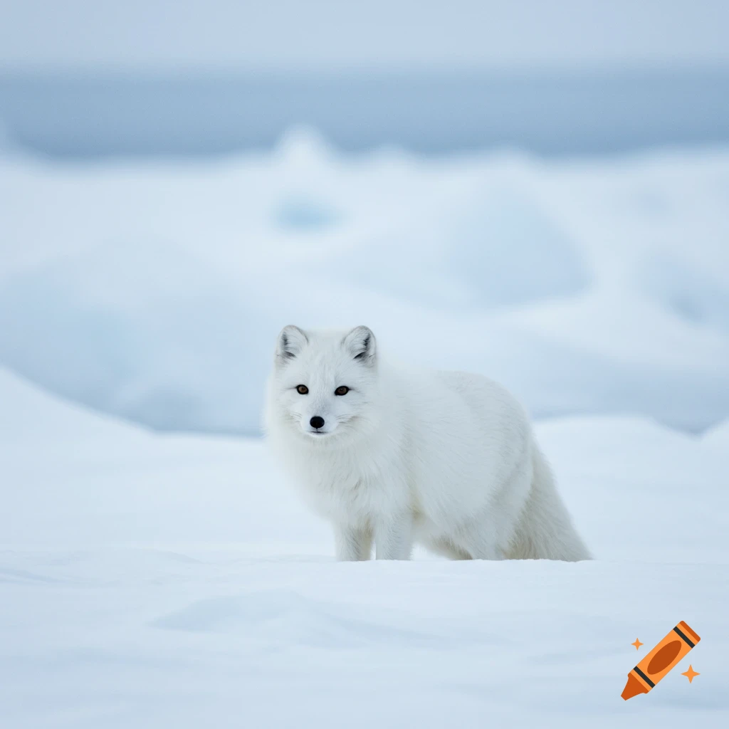A white arctic fox stands in the snow