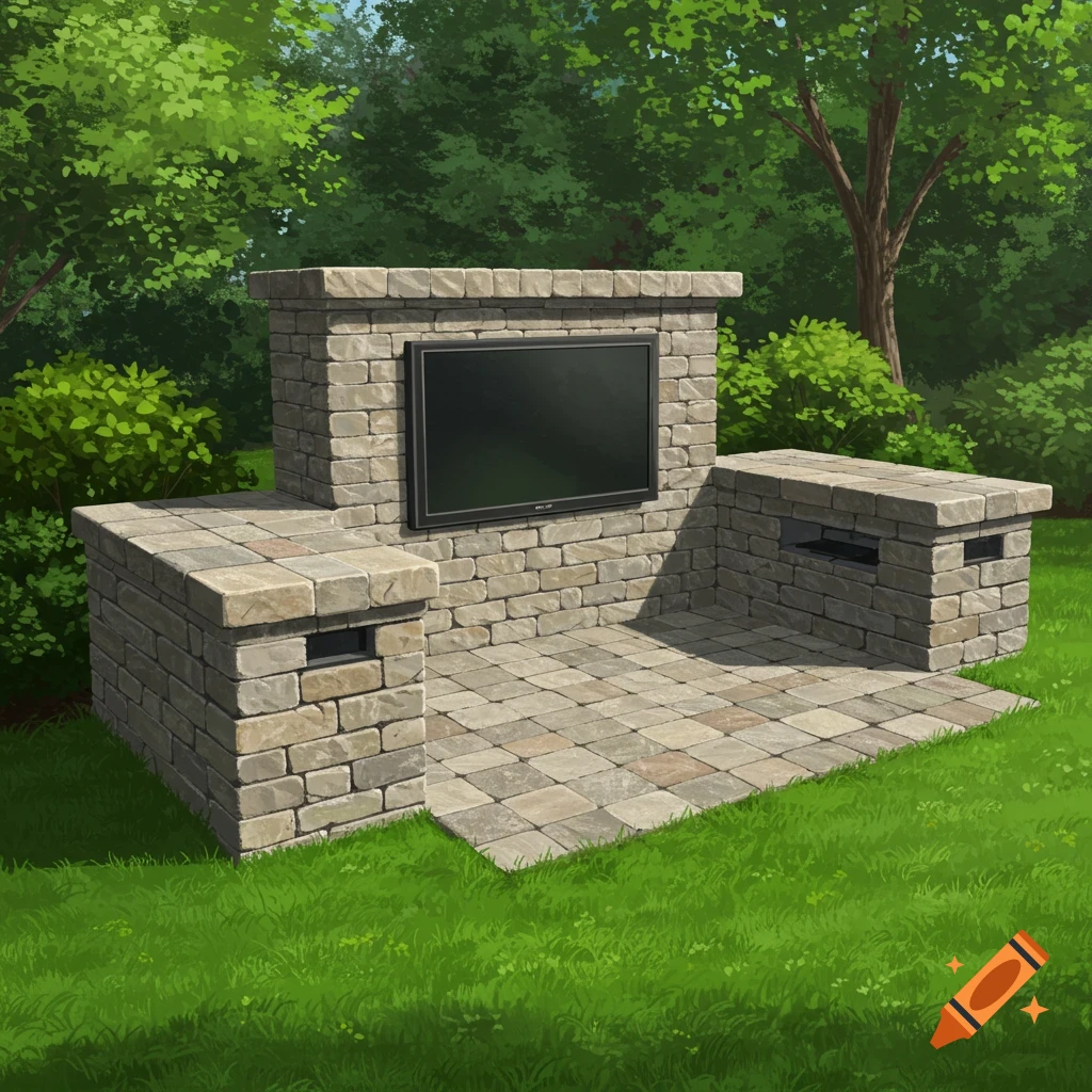 A stone backyard TV structure in a garden setting.