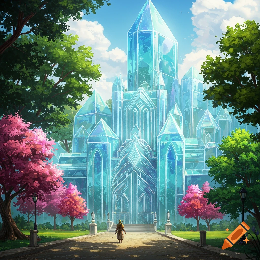 A person walks towards a large, shimmering crystal castle surrounded by lush trees and a path.