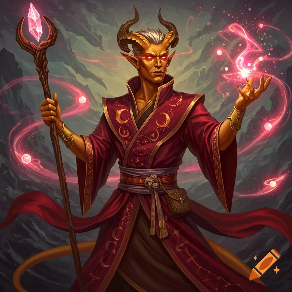 A gold tiefling sorcerer casting magic with a staff and pink energy.
