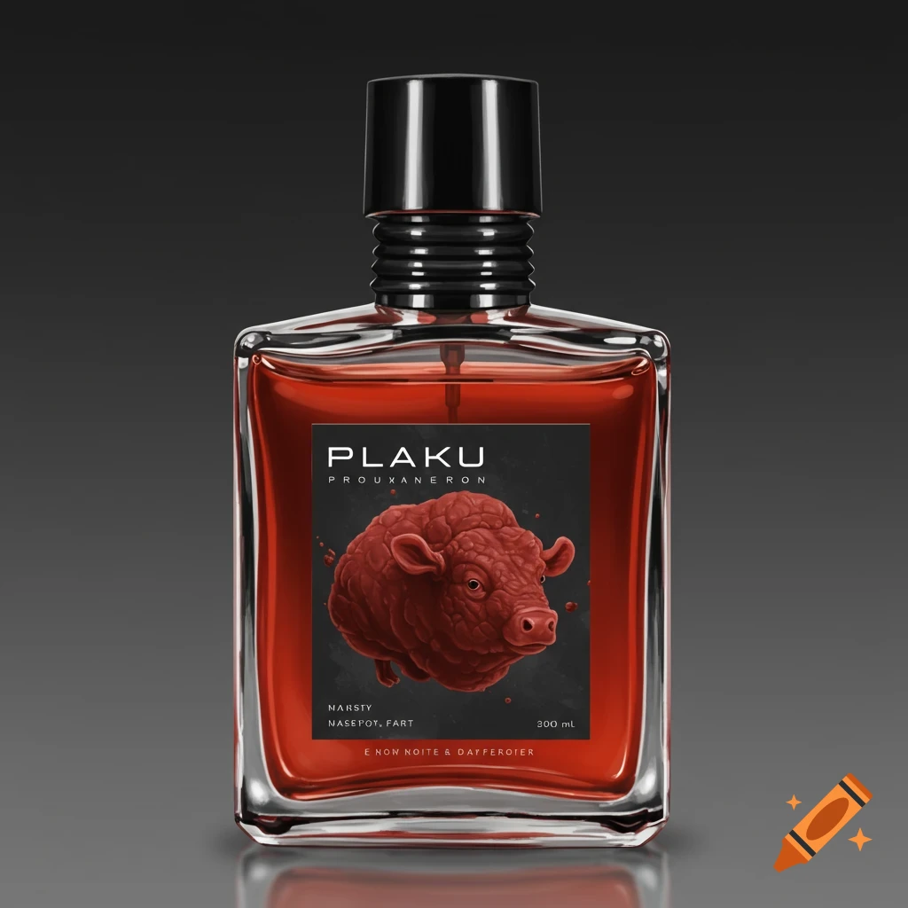 A fragrance bottle with a red fluffy bull head on the label, set against a dark background.
