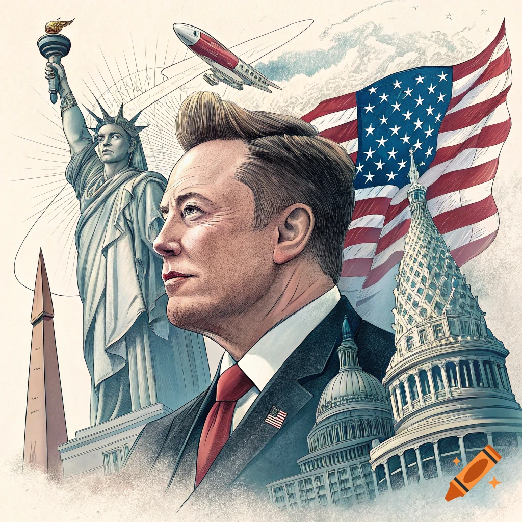Portrait of Elon Musk in front of US national symbols including the Statue of Liberty, Capitol Building, and flag.