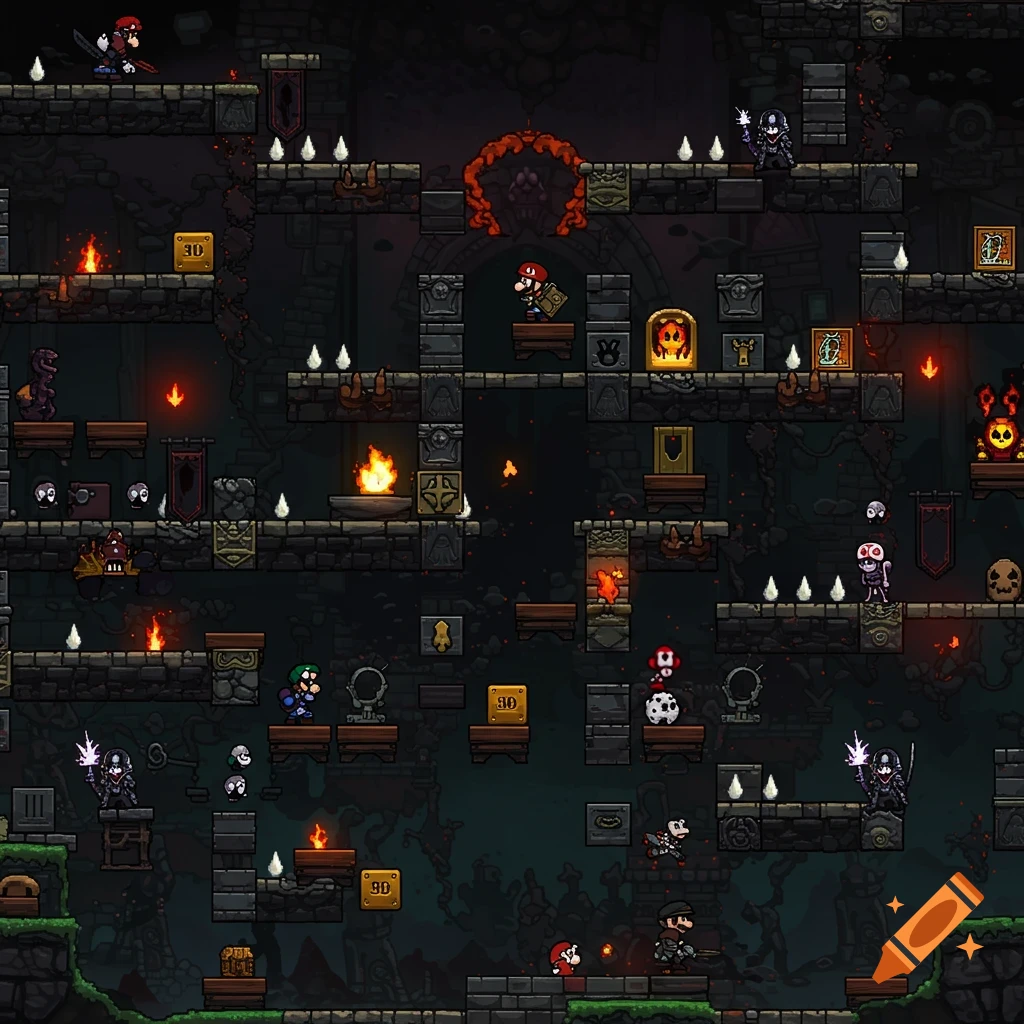 Pixel art scene of characters in a dark platformer level inspired by Mario and Dark Souls.