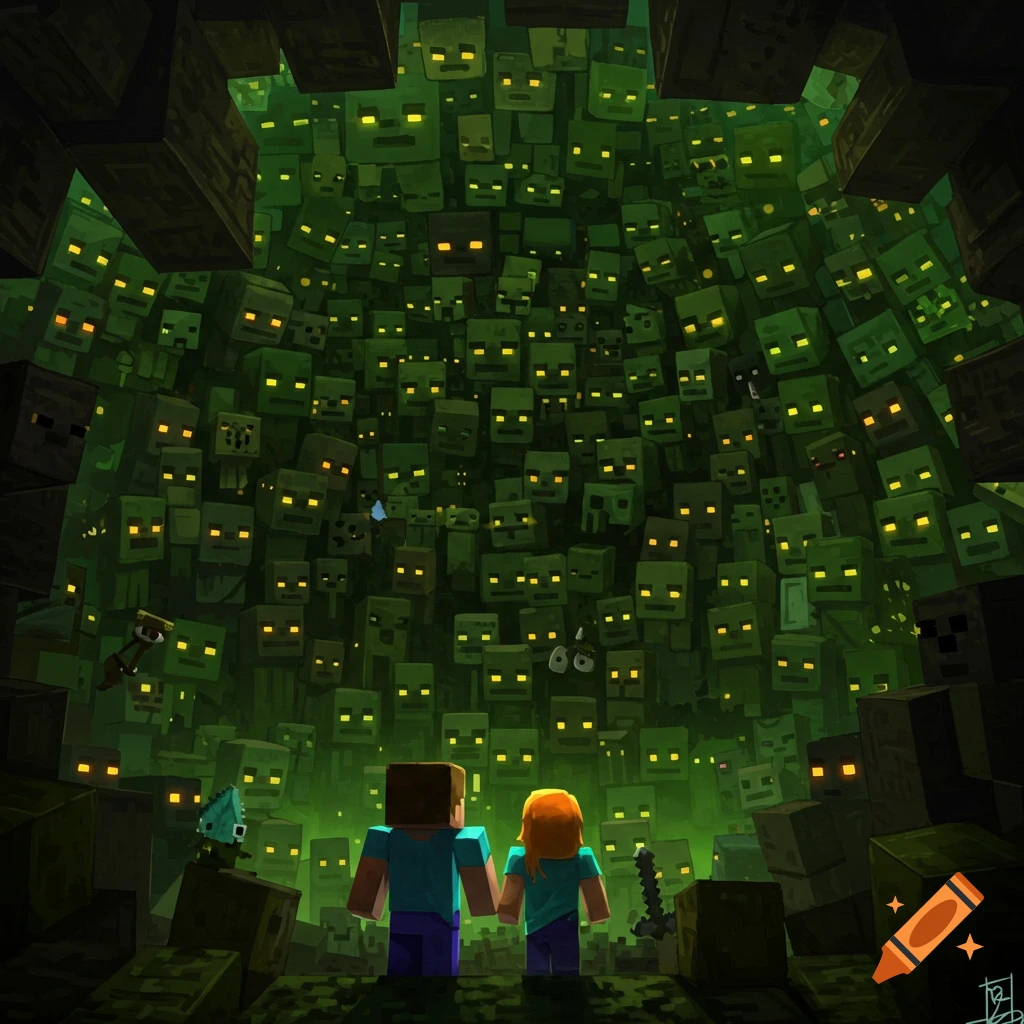 Minecraft characters Steve and Alex look up at a wall of glowing-eyed zombie heads in a dark cave.