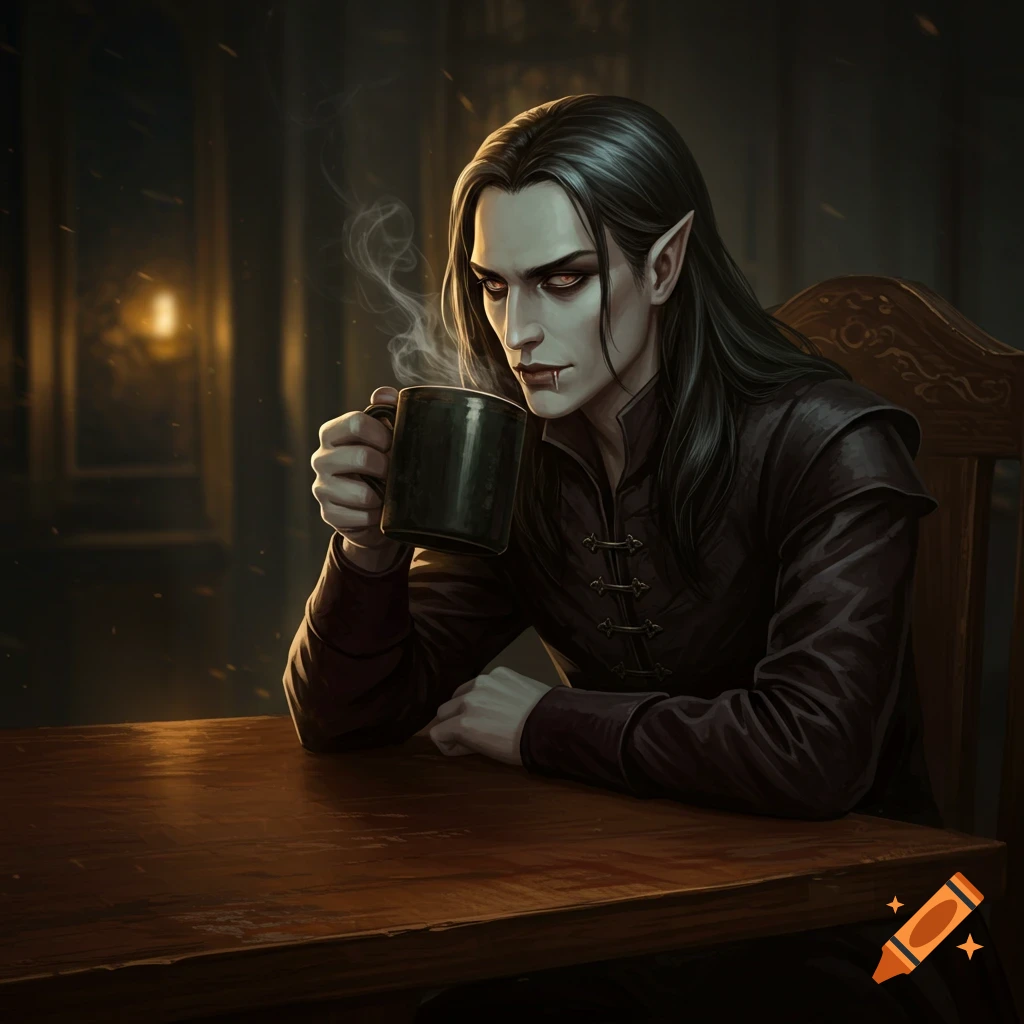 A vampire sits at a table and drinks from a mug.
