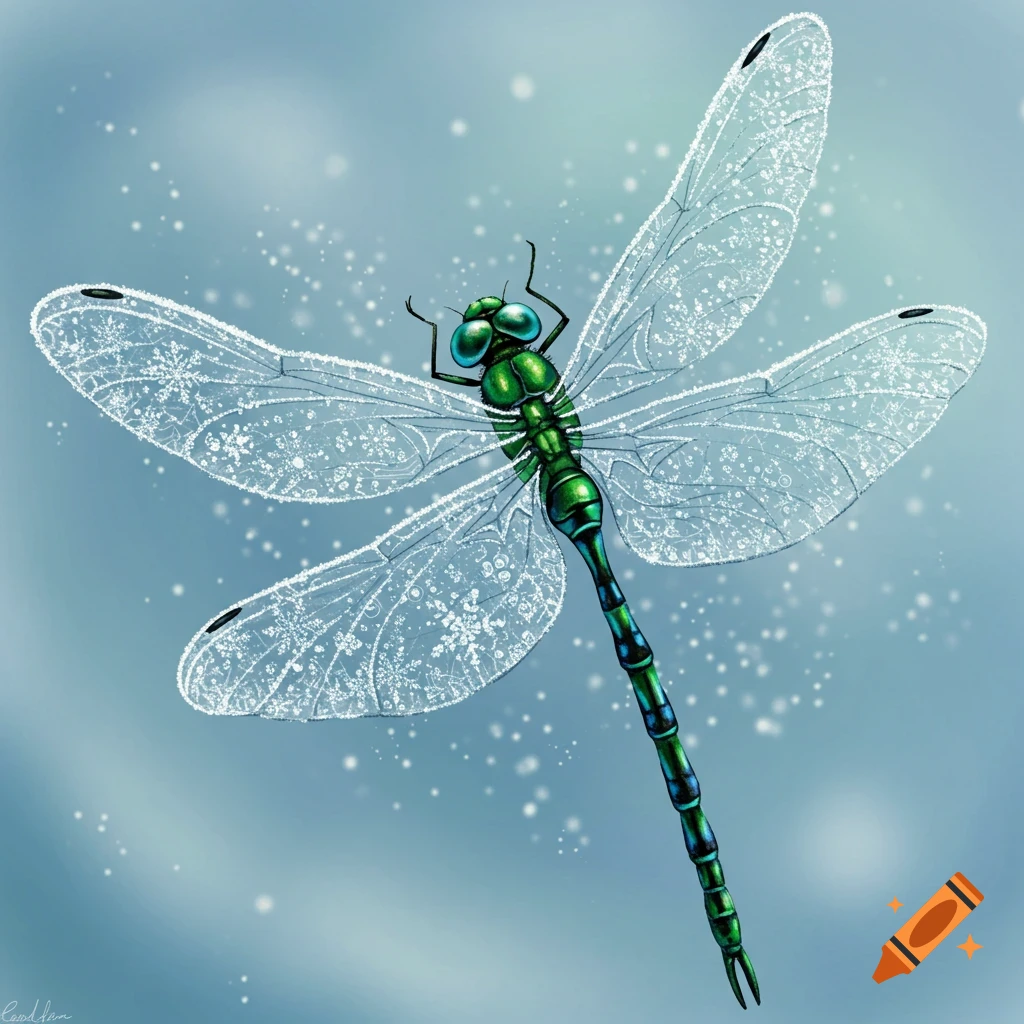 A green dragonfly with snowflake patterned wings is shown on a blue background.