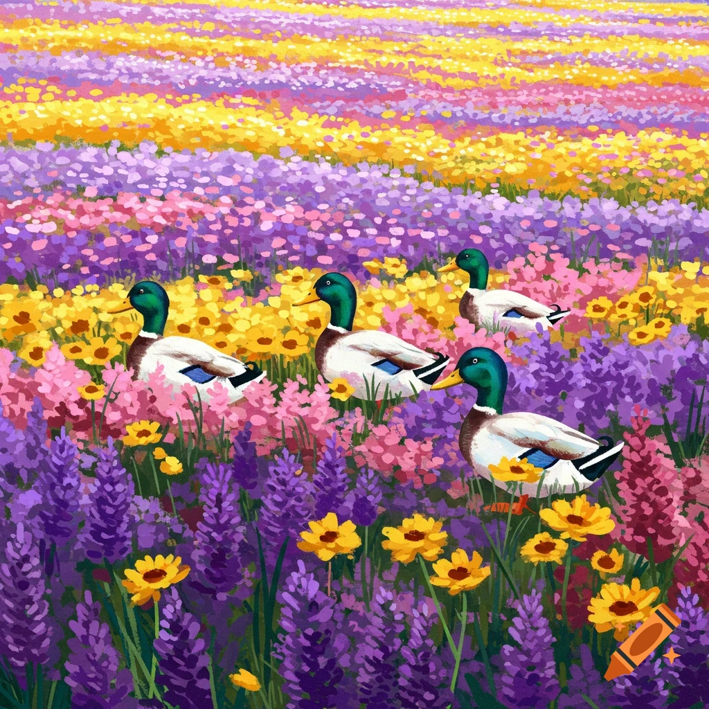 Mallard ducks in a colorful field of flowers.