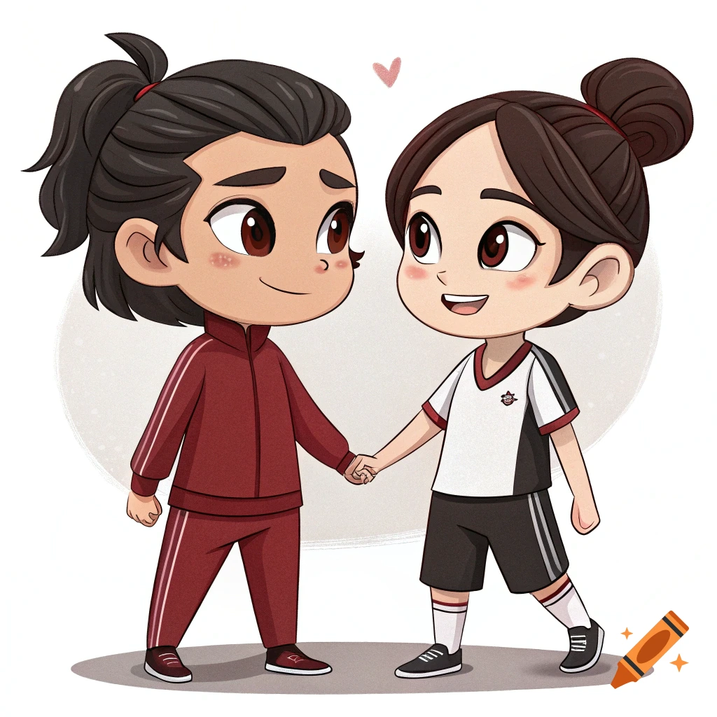 Chibi cartoon of two friends holding hands, one in a red tracksuit, the other in a white and black sports outfit.